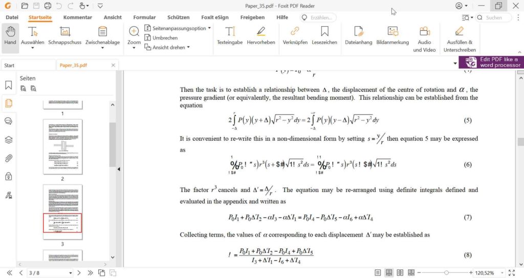 Image shows PDF rendered with Foxit PDF reader application. The page is displayed in both the thumbnail and the page view. The page contains text and several formulas. Formula (6) has %, # and $ characters that are printed in a different font and partially overlap other characters. 